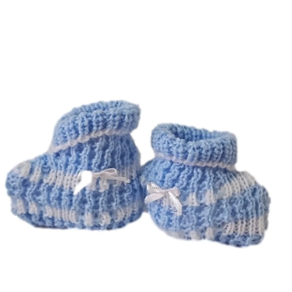Hand Crafted Crochet Baby Shoes Baby Blue and white Tread & Handmade Bow Ribbon